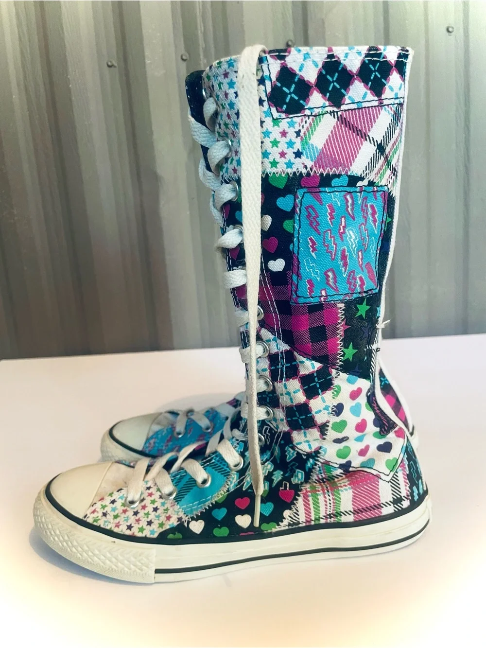 RARE Converse All Star Sky XX-Hi Boots Patchwork Jrs 3 Extra Tall Sneakers Punk